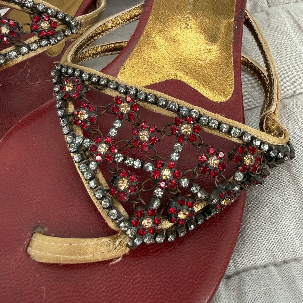 Giuseppe Zanotti Kitten Heel Thong Sandals Rhinestone Mesh Straps Gold Red 38 - Picture 3 of 7